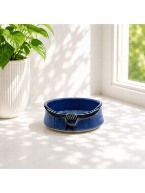 Handmade Blue Ceramic Bowl With Shell Motif Signed 6.5" Diameter 2.5" Height Dec